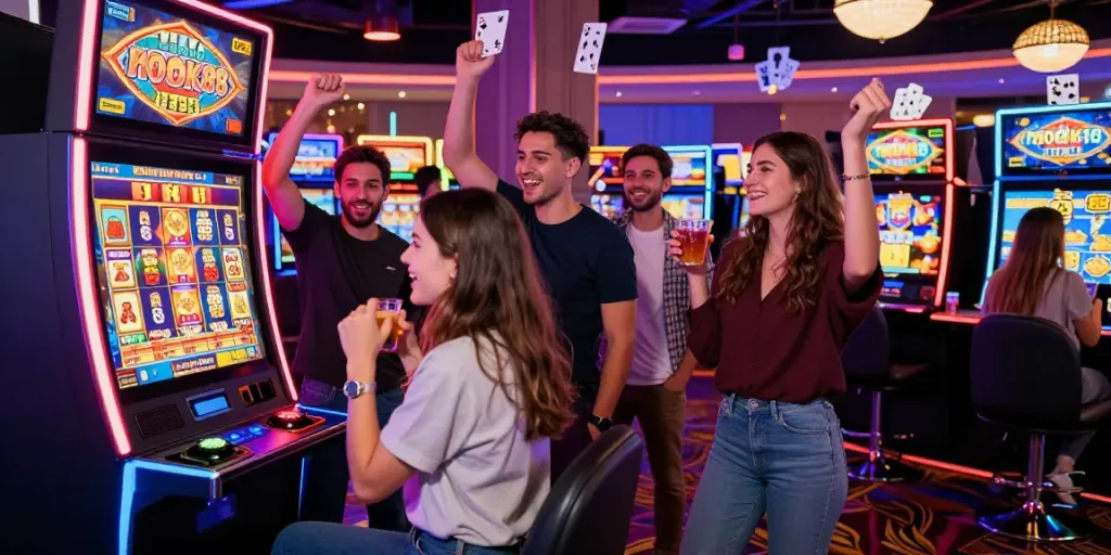 Exciting celebration around rokok88 slot machine with friends enjoying a casino jackpot.