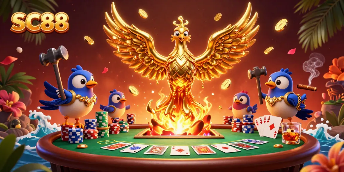 Experience thrilling poker action at SC88 with a vibrant illustration of golden phoenixes and poker elements.