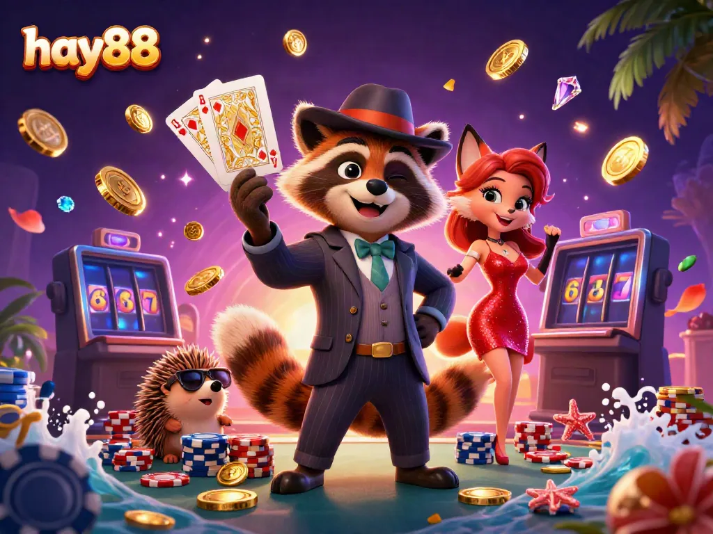 Engage with the dynamic world of hay88, featuring a suave raccoon and charming fox at a vibrant casino scene.