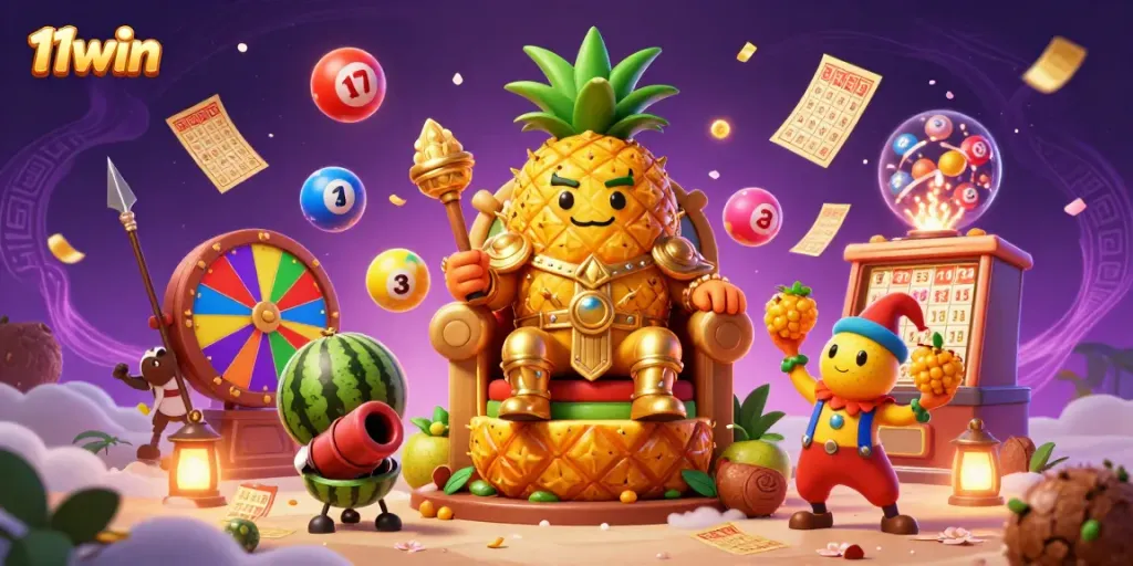 Engaging casino scene featuring the king of 11win on his throne among colorful gaming elements, depicting a lively atmosphere.