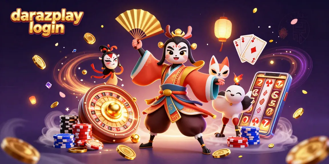 Experience the excitement with darazplay login and vibrant casino elements in a 3D digital illustration.