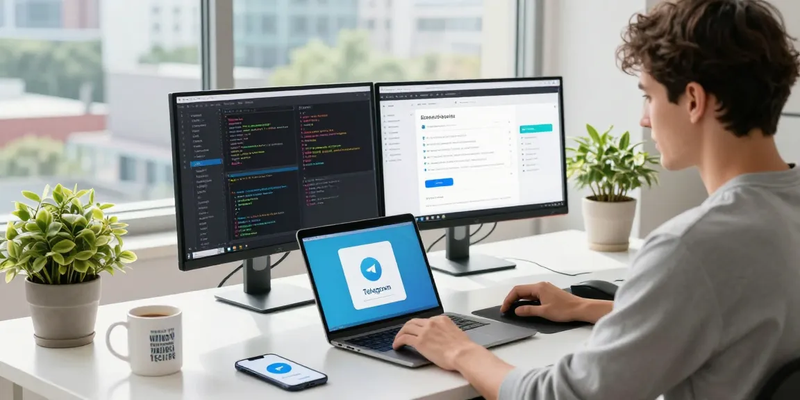 Developer working on Telegram Download applications in a bright tech workspace, showcasing coding and interface design.