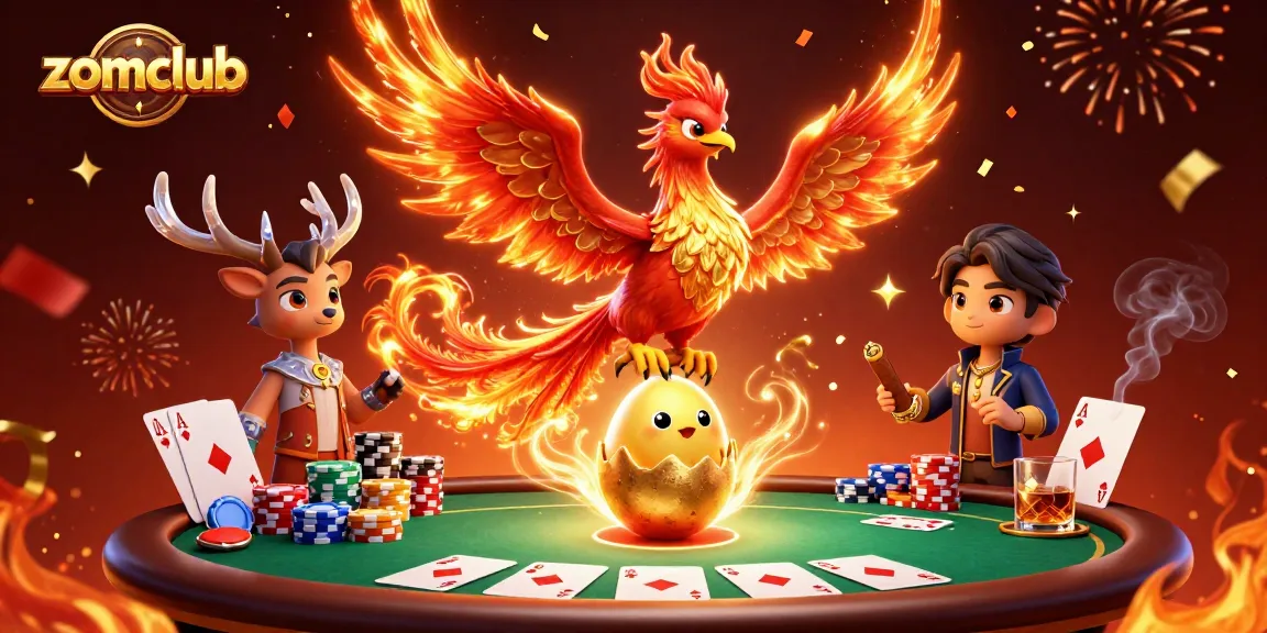 Zomclub features a dynamic 3D scene of winning card hands and casino themes with a fiery phoenix.