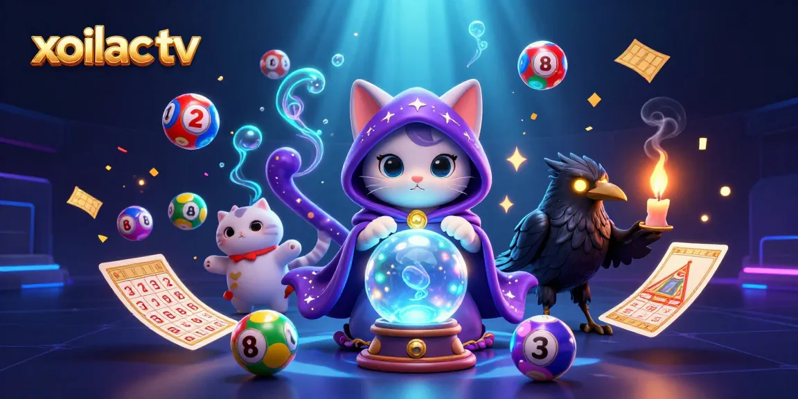 Experience exciting live action at xoilac tv with the dynamic scene of a fortune teller cat, a raven, and colorful gambling elements.