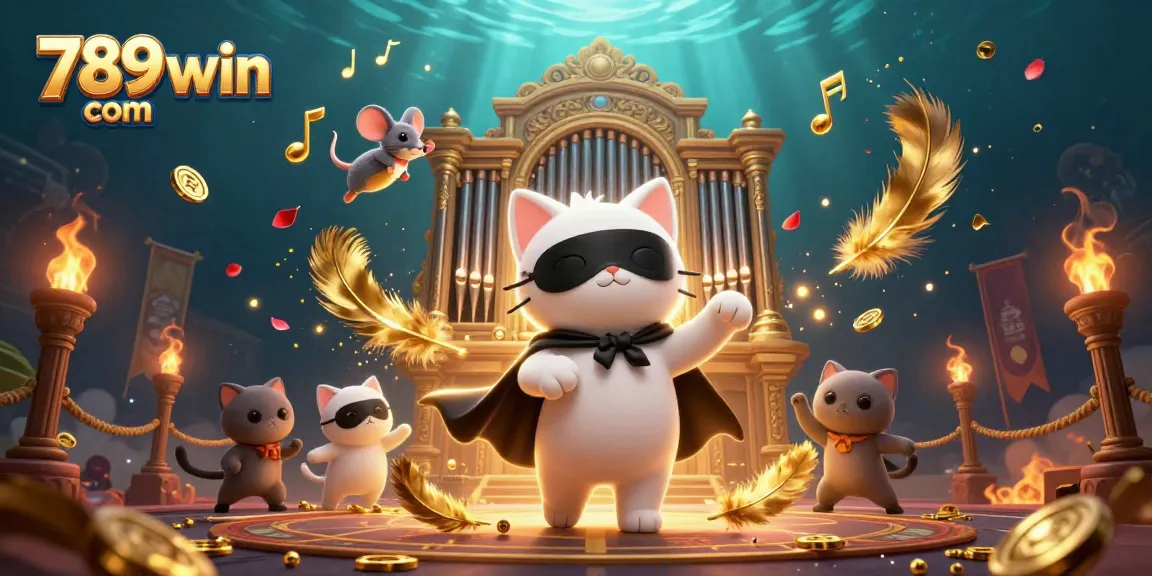 Experience thrilling adventures at 789win com with a glamorous casino scene featuring a mysterious cat and mouse acrobat.