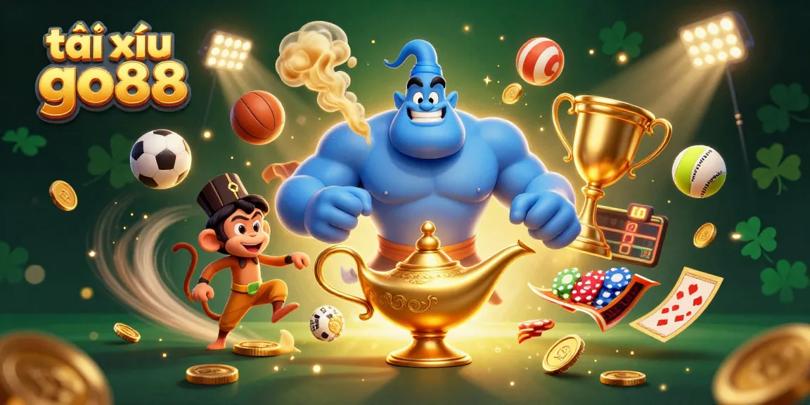 Win big with tài xỉu go88, as a genie bursts forth amidst colorful sports elements and excitement!