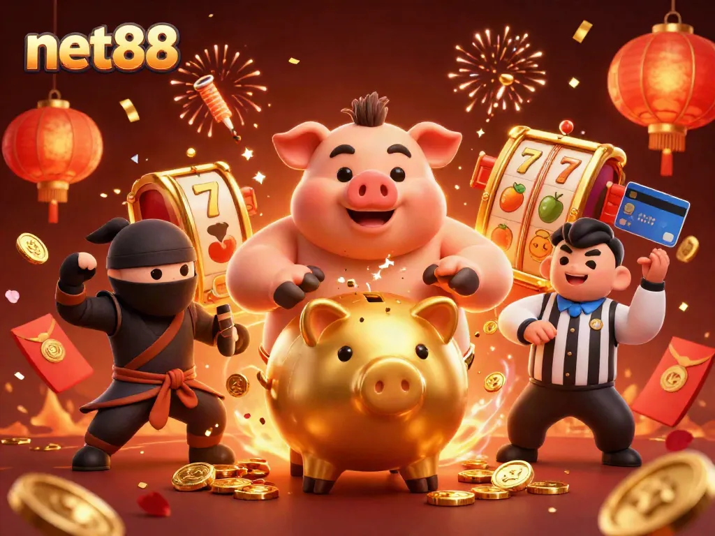 Experience winning at net88 with dynamic 3D casino characters celebrating among slots and fireworks.
