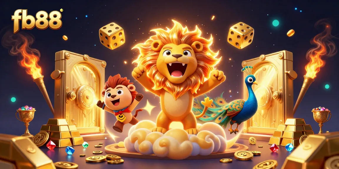 Join the adventure at fb88, where the golden lion roars above treasures in a vibrant casino world.