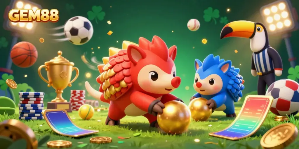 GEM88 brings excitement with a playful red and blue pangolin duo bowling through poker chips in an action-packed casino scene.
