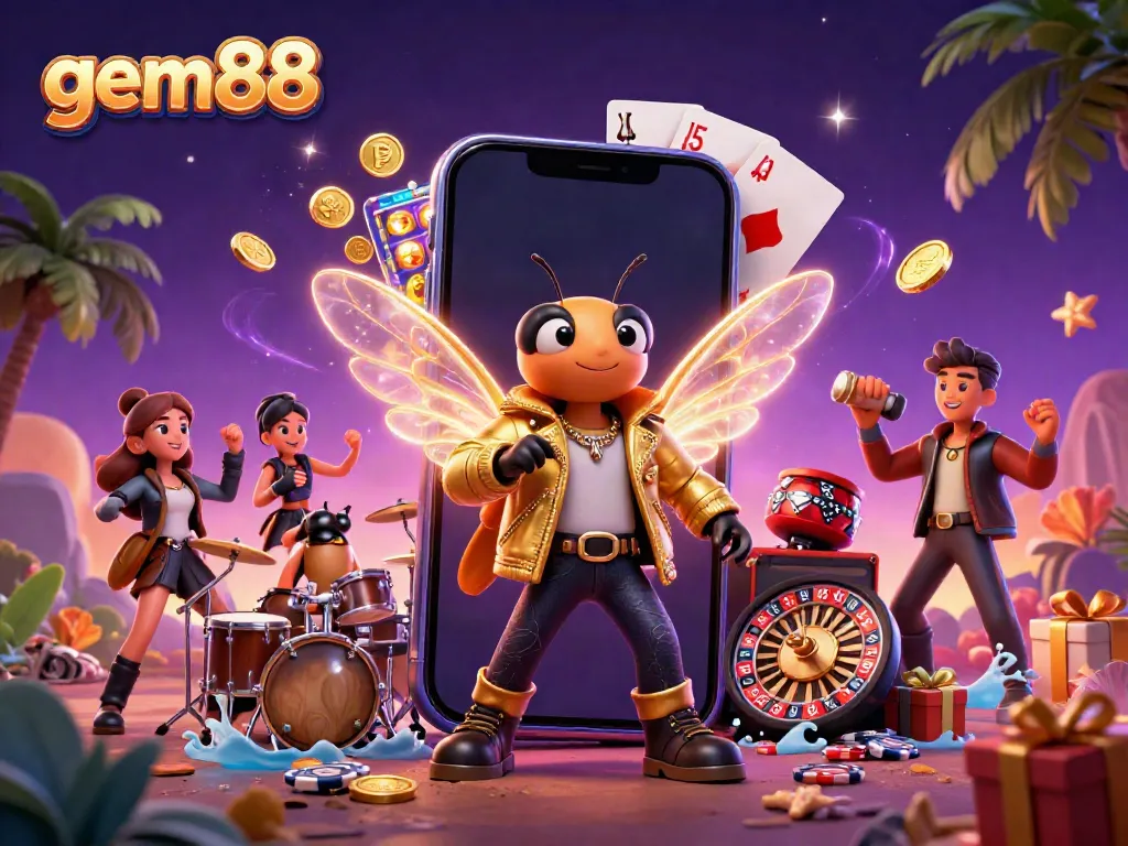Experience excitement with gem88 as a rock star cicada celebrates winning on colorful slots.