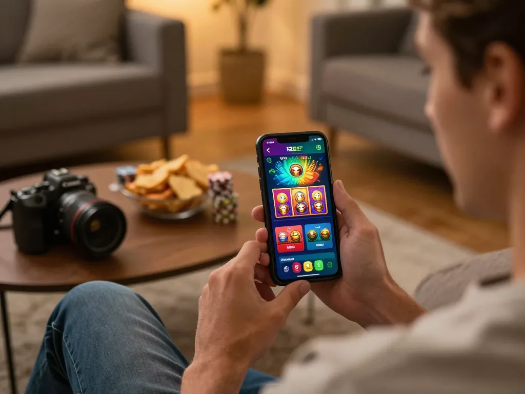 Người chơi tận hưởng ứng dụng casino trực tuyến 12bet trên smartphone, thể hiện lối chơi đầy màu sắc và không gian ấm cúng.