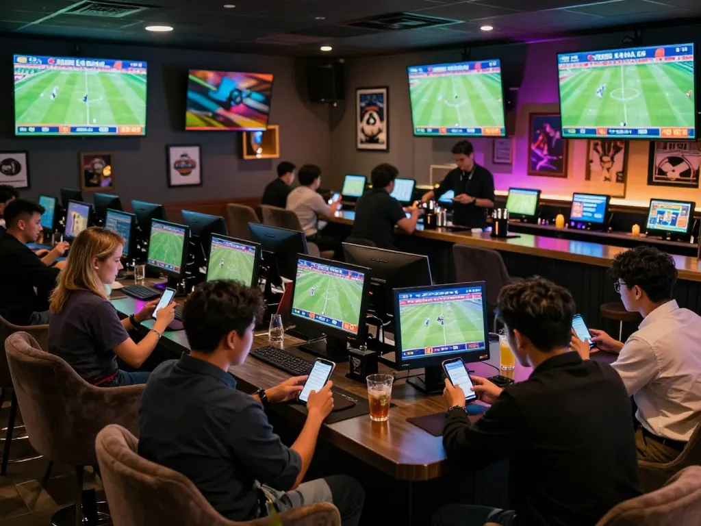 Sports betting excitement with keo nha cai odds displayed prominently in a lively lounge environment
