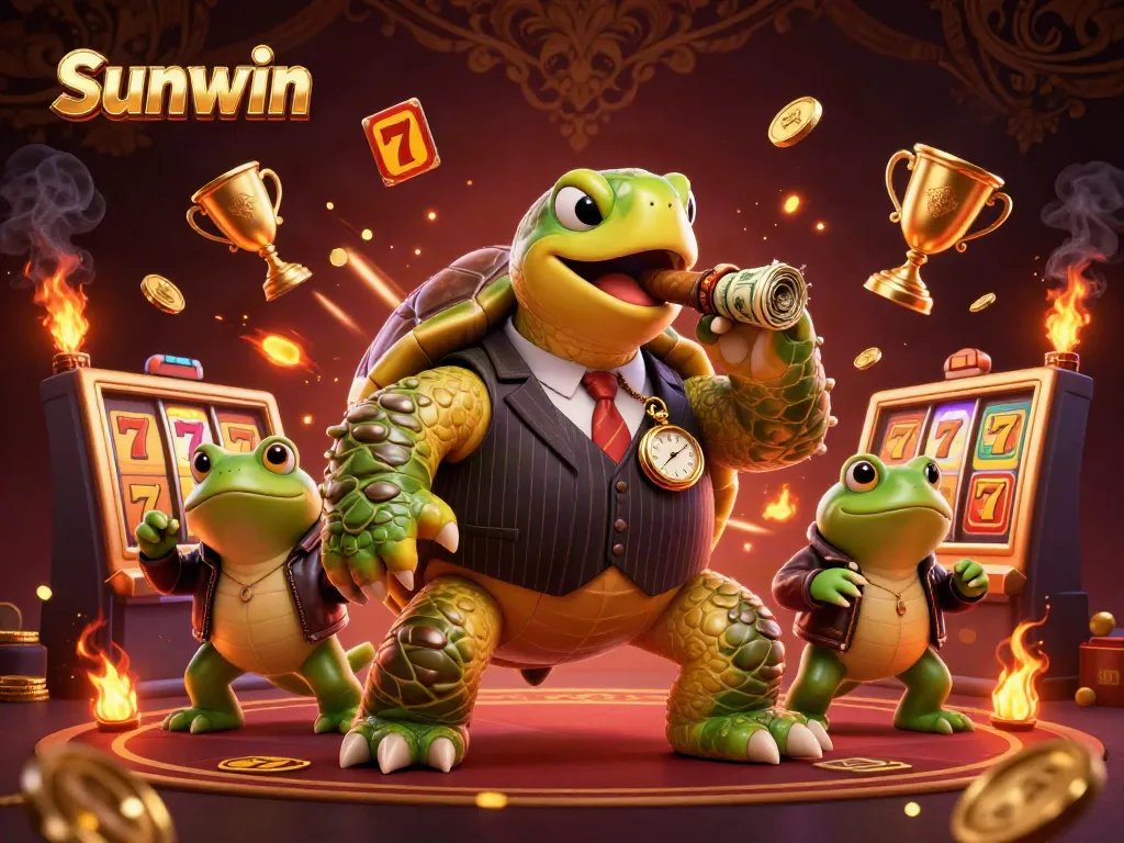 Engage with Sunwin's dynamic casino atmosphere illustrated by a snapping turtle mobster and bullfrog enforcers.