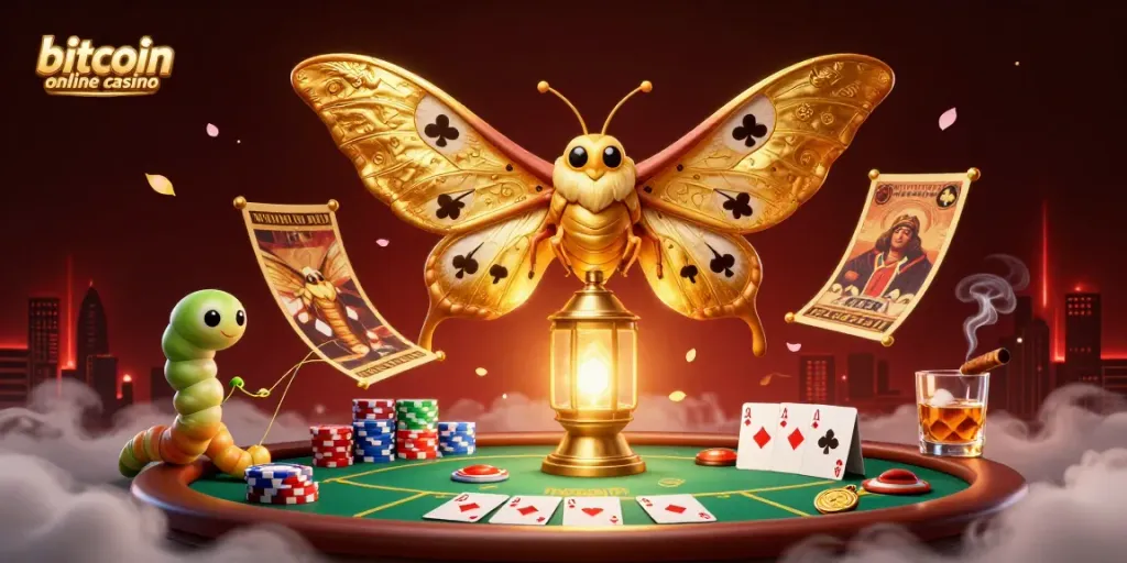 Engaging scene depicting a bitcoin online casino with vibrant casino elements and a captivating moth character.