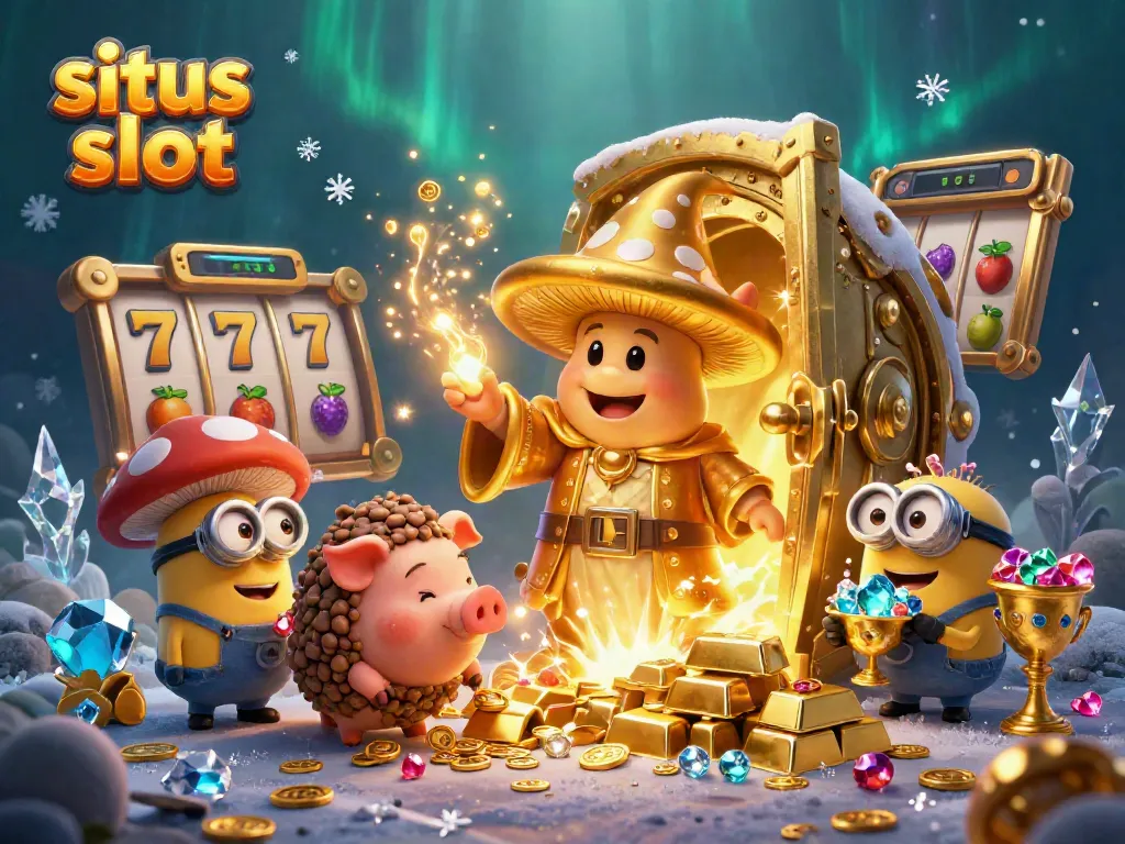 A vibrant illustration showcasing situs slot, featuring a golden mushroom wizard, a truffle pig, and slot game elements amidst treasure.