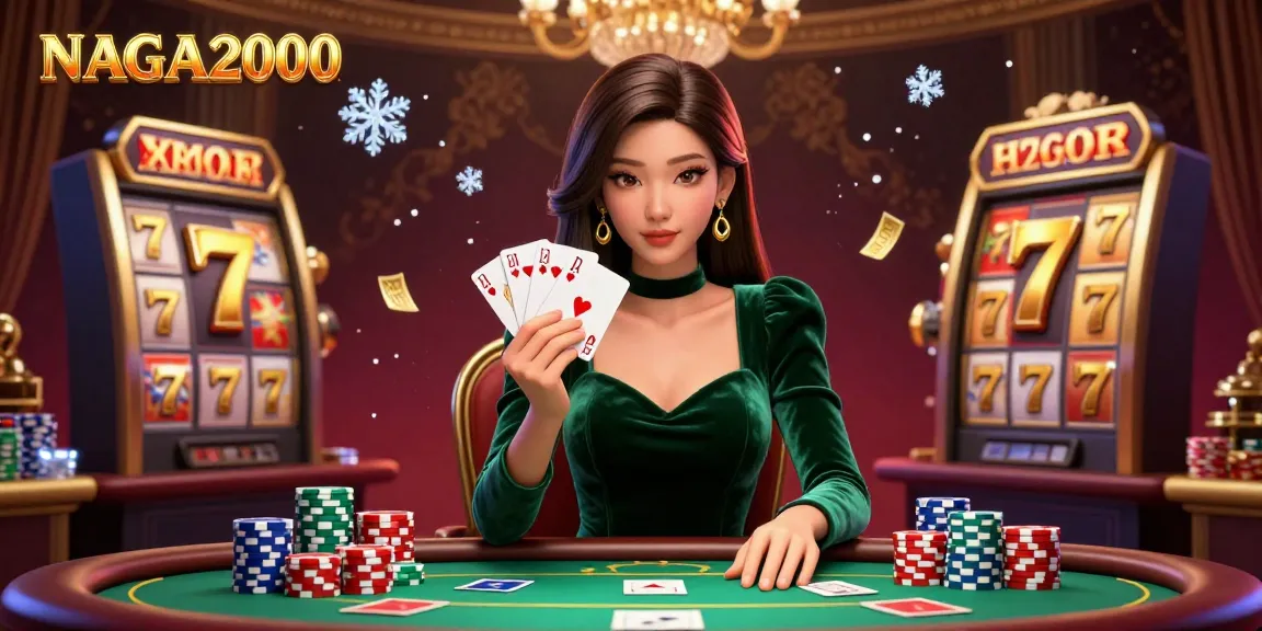 NAGA2000 menampilkan adegan poker yang elegan dengan pemain yang fokus dan gulungan slot yang dinamis, meningkatkan kegembiraan kasino.