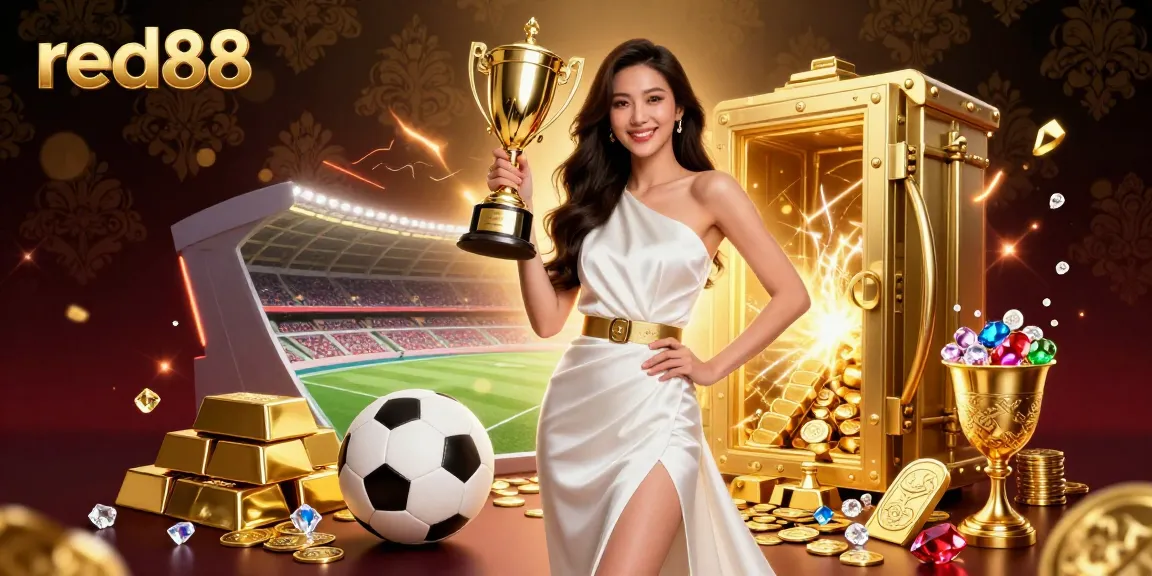 Experience the excitement of red88 with a victorious woman holding a trophy and sports betting elements.