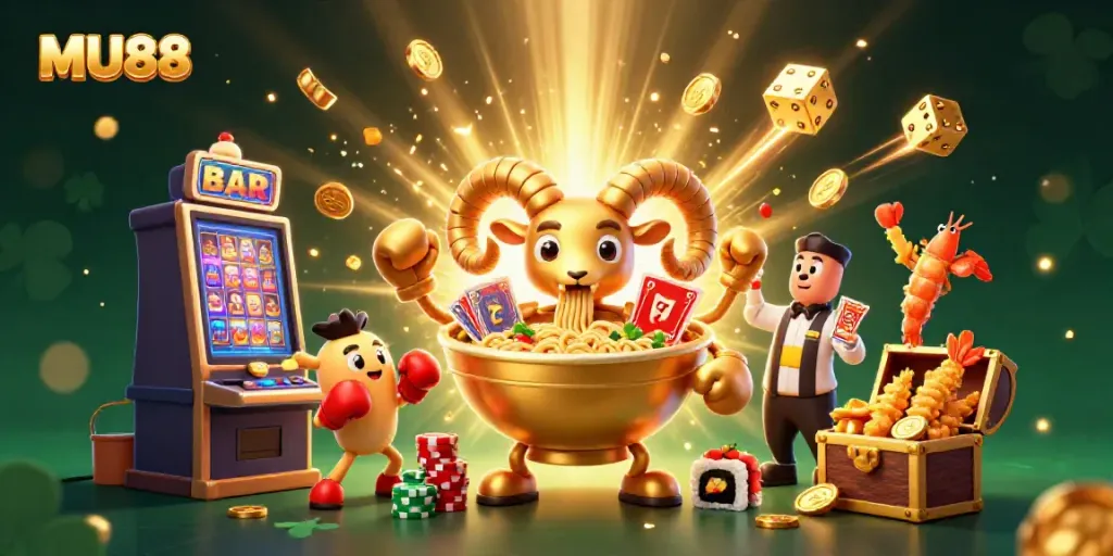 Experience MU88's vibrant casino action with a lively illustration featuring unique characters.