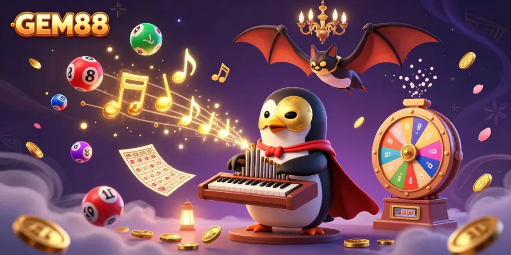Experience the exciting world of GEM88 with a whimsical 3D illustration featuring a penguin organist and dynamic game symbols.