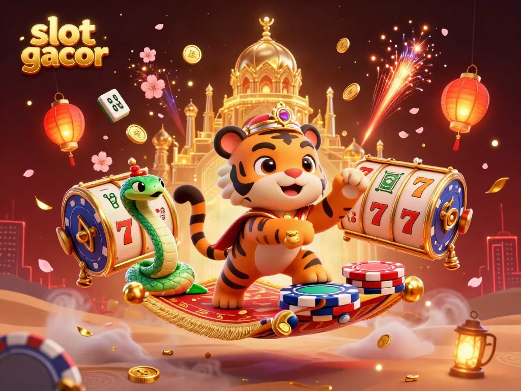 Experience vibrant excitement with slot gacor, enrolling a sultan and magic lamp in a lavish, illustrated casino scene.