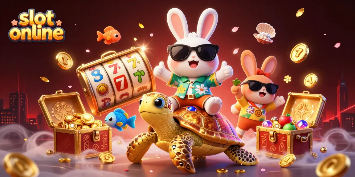 Play engaging slot online games with a lucky rabbit and a golden turtle in a vibrant casino scene.