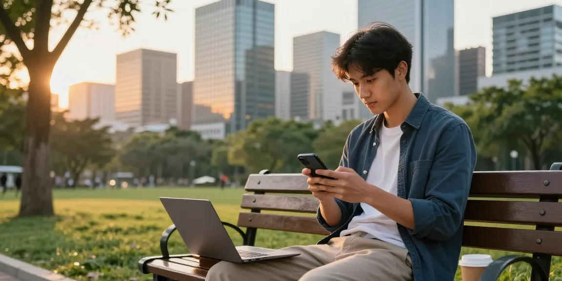 소액결제현금화를 위한 스마트폰을 사용하는 남성의 모습과 도시 풍경
