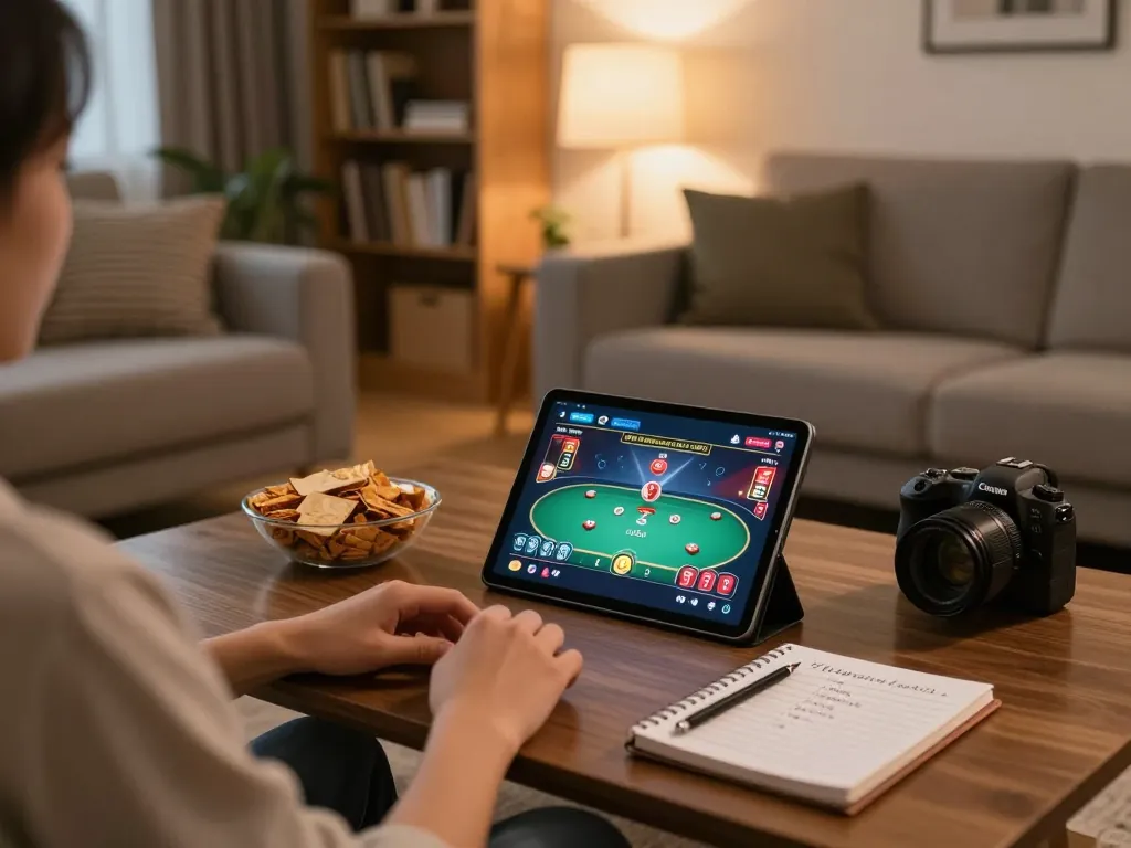 Player strategizing online gambling at home, showcasing the Tại đây experience in a cozy environment
