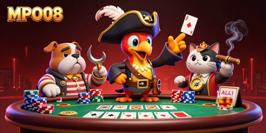MPO08 captivates with an exciting poker scene featuring colorful chips and charismatic characters.