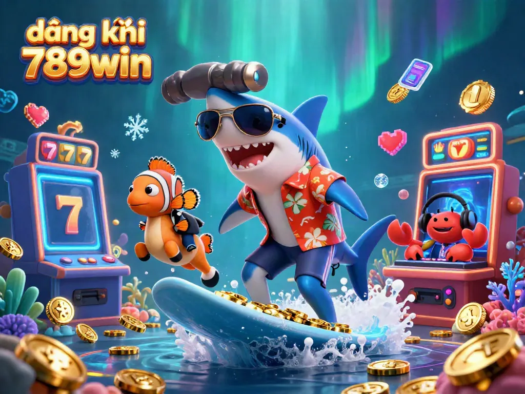 Experience the thrill of đăng ký 789win with a vibrant casino scene featuring a hammer-head shark and a clownfish.