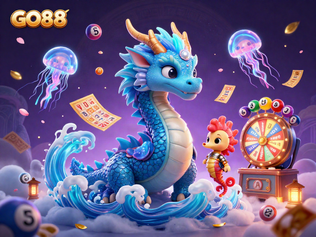 Experience the thrill of GO88 with dragons and jellyfish in this vibrant gaming illustration.