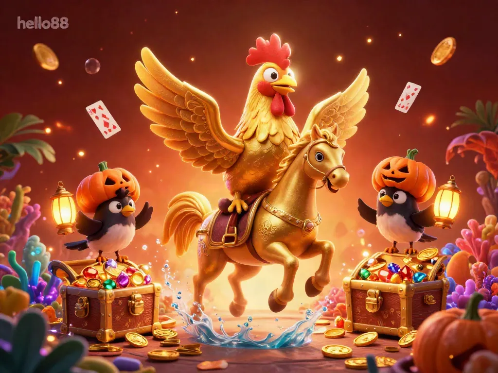 Experience gaming thrills at hello88 with a golden rooster and crow companions in a vibrant casino scene.