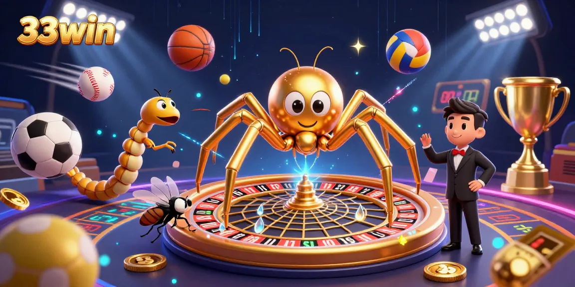 Engage in exciting betting action at 33win with a dynamic 3D casino illustration showing vibrant game elements.