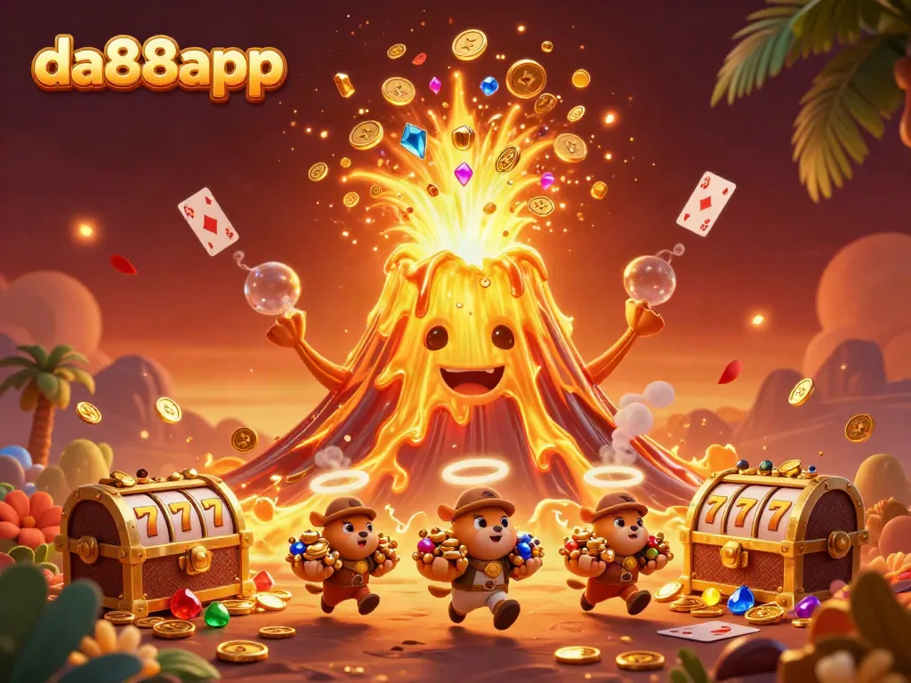 Engage with da88app's thrilling jackpot slots featuring a golden volcano and treasure.