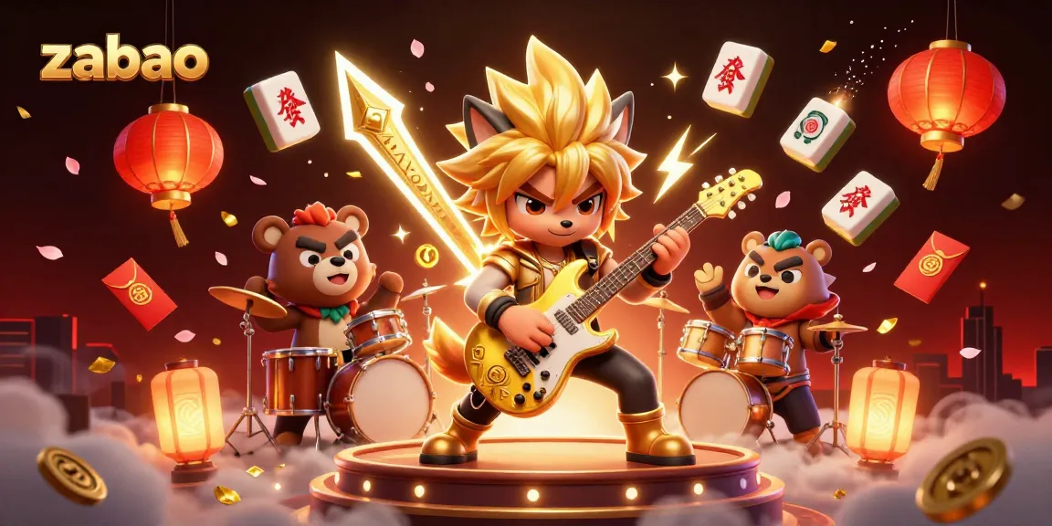 zaobao showcases a lively cartoon scene with a rock star wolf and drummer bear performing under casino lights.