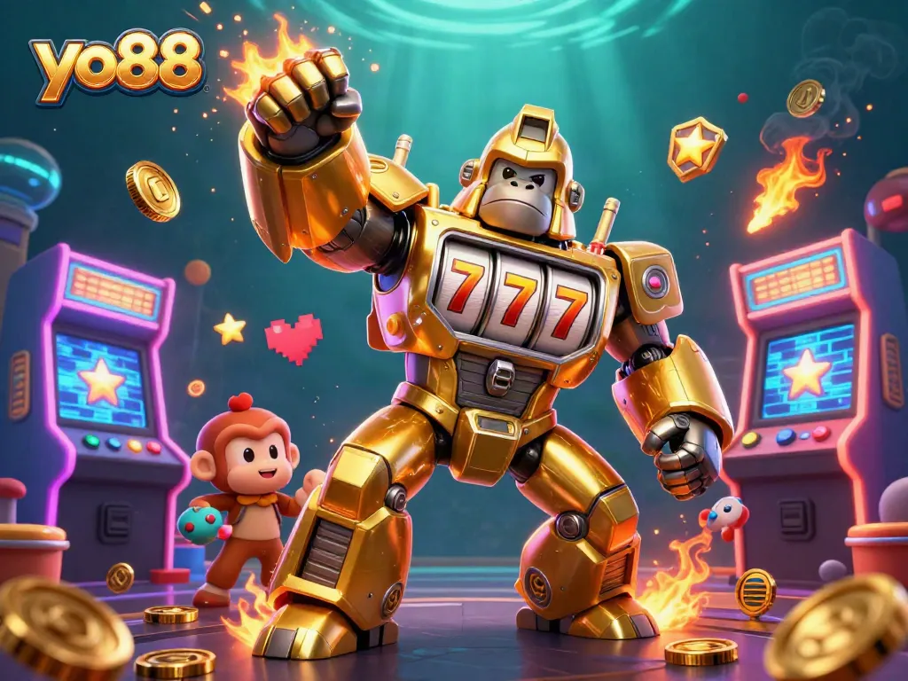 Experience thrilling gameplay with yo88's golden gorilla mech and casino-themed action.