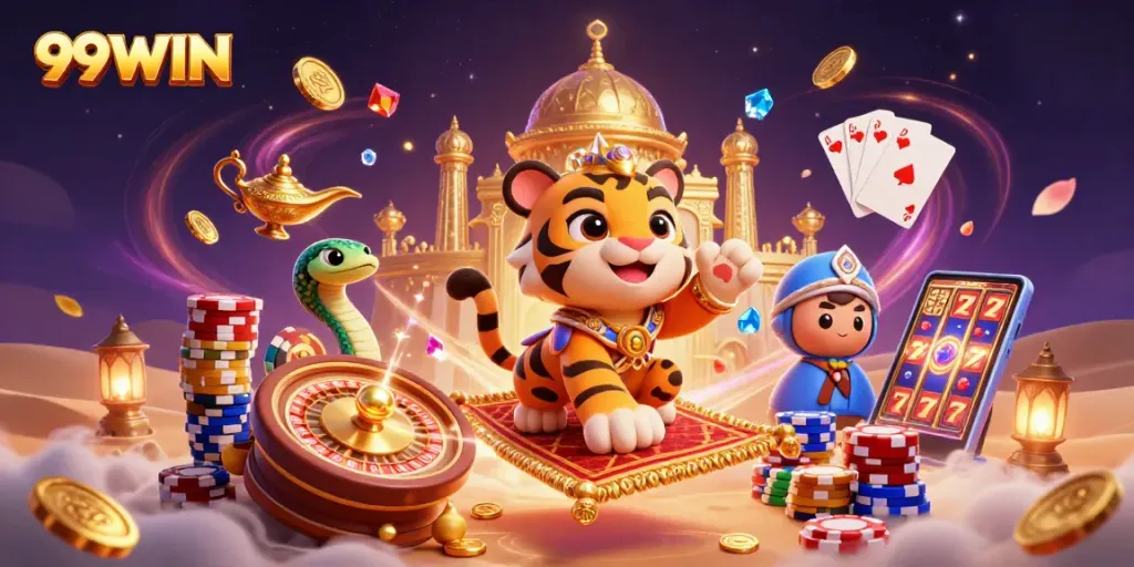 Engage in thrilling gameplay with 99WIN's vibrant casino illustration showcasing a magical casino experience.