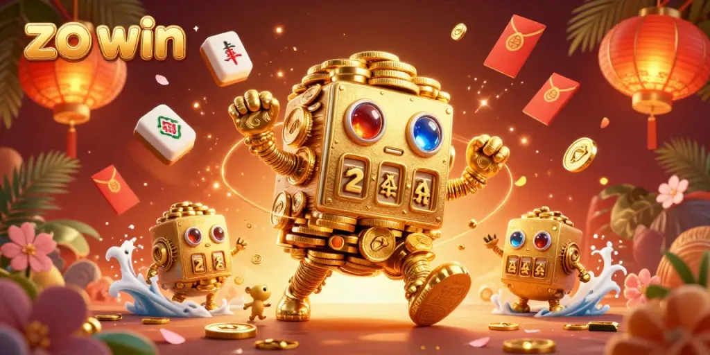 Experience gaming adventure with the zo win golden golem surrounded by vibrant casino elements.