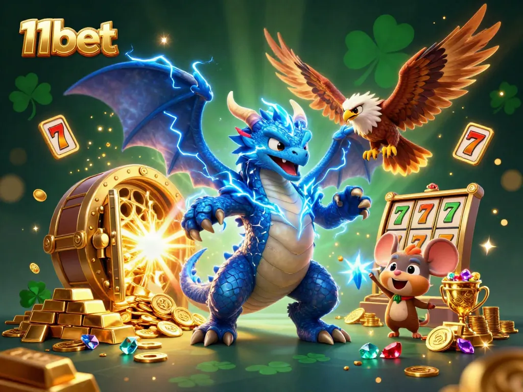Experience thrilling wins at 11bet with a powerful thunder dragon, slot reels, and gold treasures.