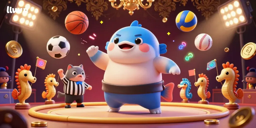 Experience the excitement of llwin with an animated underwater sports betting scene featuring a fugu, catfish referee, and lively seahorse spectators.