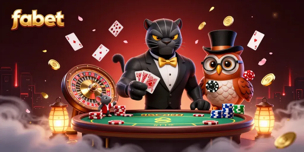 Experience fabet’s thrilling casino atmosphere with 3D characters surrounded by poker elements and gold coins.