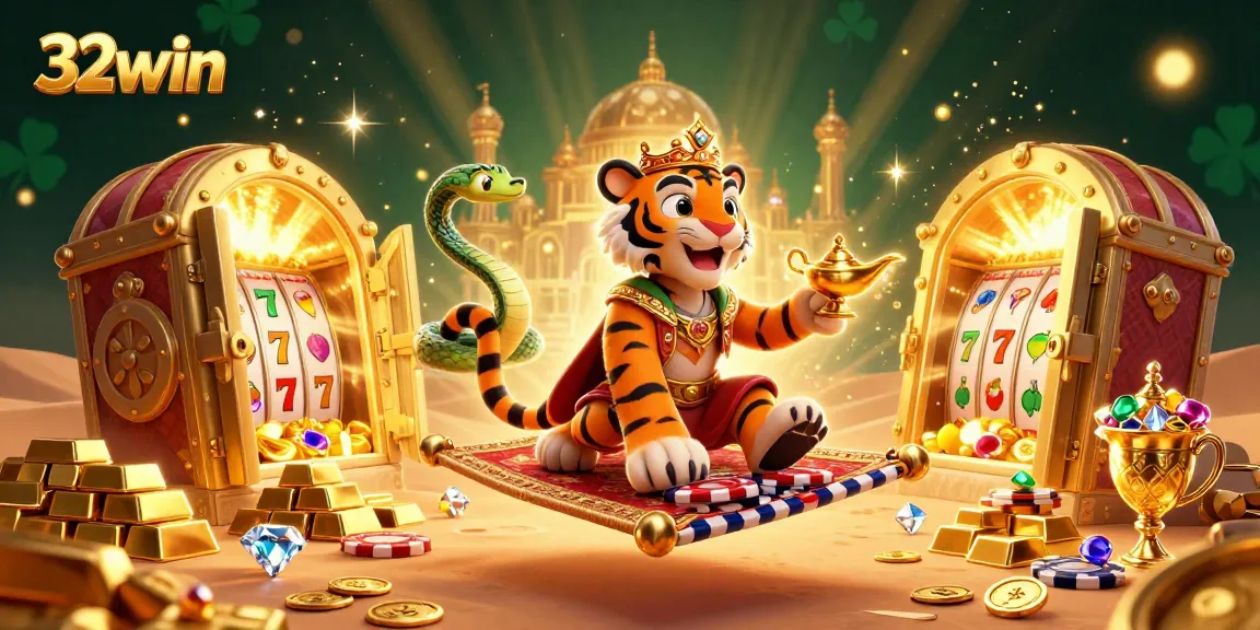 Engage with the magic of 32win as a tiger sultan rides a flying carpet of poker chips amidst shimmering treasures.