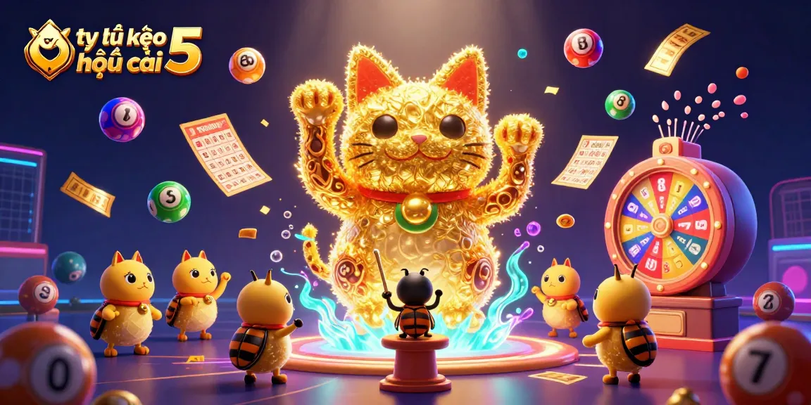 Engage in exciting actions with tỷ lệ kèo nhà cái 5 as vibrant lottery elements surround a lucky cat illustration.
