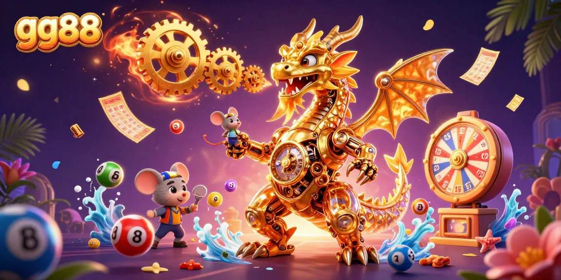 Engage in the excitement of gg88 with a vibrant casino illustration featuring a golden dragon and dynamic game elements.