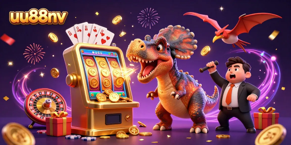 uu88nv's playful scene depicts a pachycephalosaurus celebrating a jackpot, with confetti raining down and coins flying.