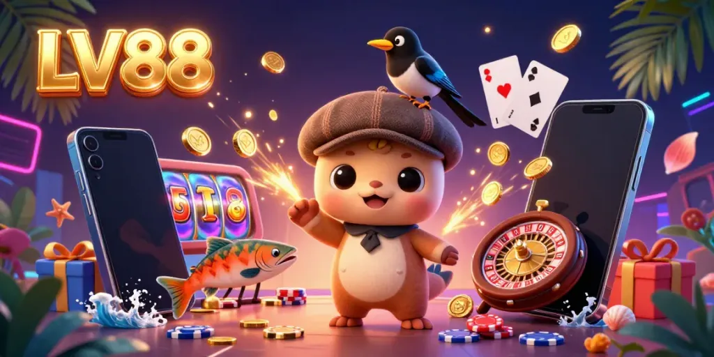 Win big with LV88 in this vibrant 3D illustration of slot games and playful characters.