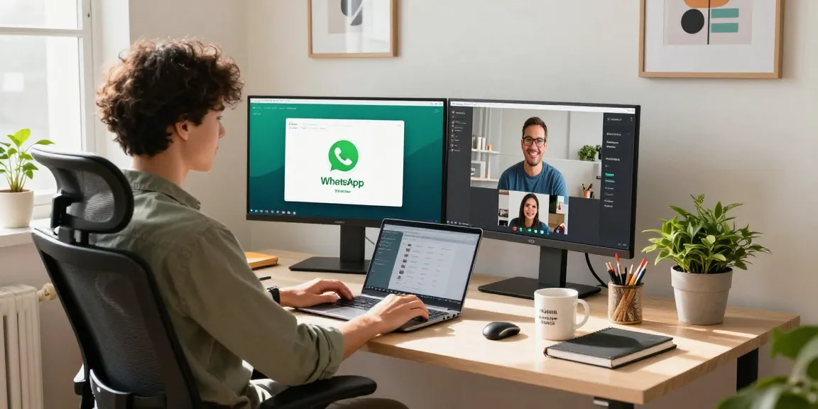 Professional home office scene using WhatsApp電腦版 for team communication with a warm, inviting atmosphere.