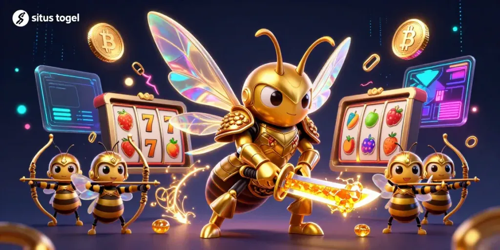 Situs togel gaming scene featuring a giant golden hornet samurai and bee archers alongside vibrant slot reels.