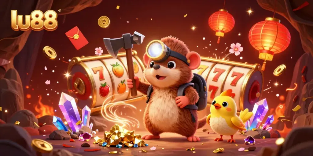 Experience the thrill of lu88 with a vibrant scene of a treasure hunter mole in a casino setting, filled with rich gaming elements.