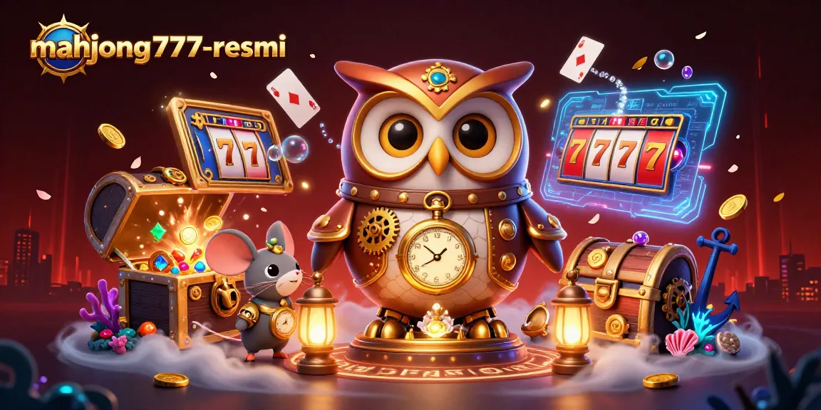 Engage with mahjong777-resmi through a dynamic 3D casino scene featuring a steampunk owl and vibrant elements.
