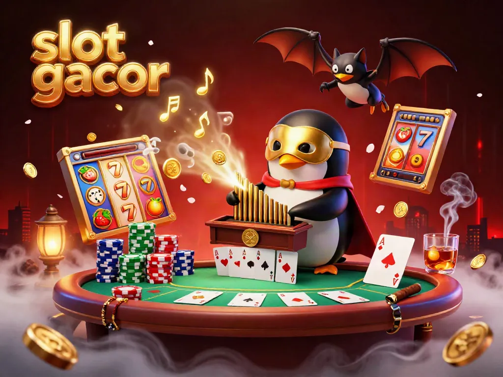 Experience the thrilling slot gacor with a whimsical 3D scene of a penguin organist and dynamic casino elements.